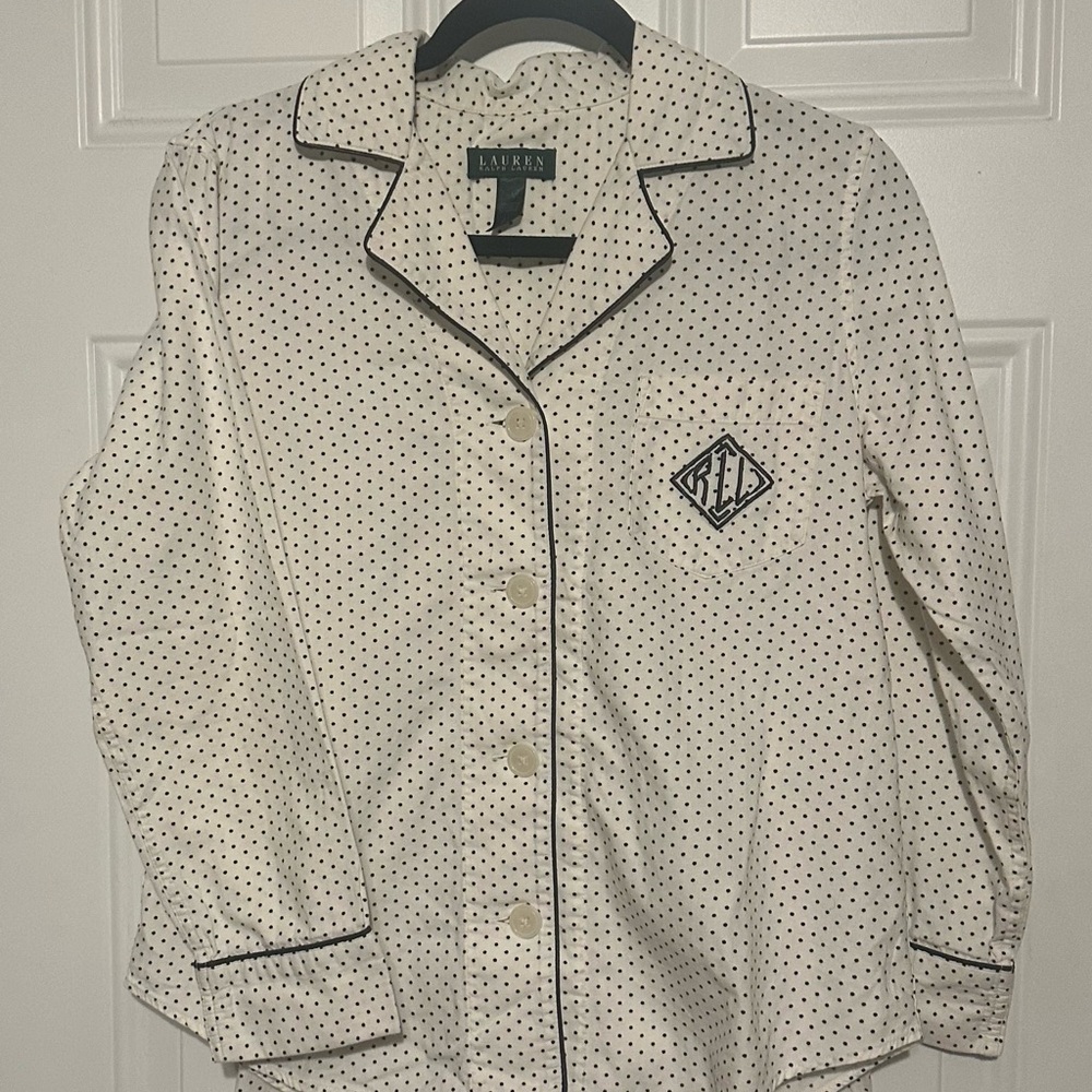 Ralph Lauren Cream Pajama Set with Black Dot Trim